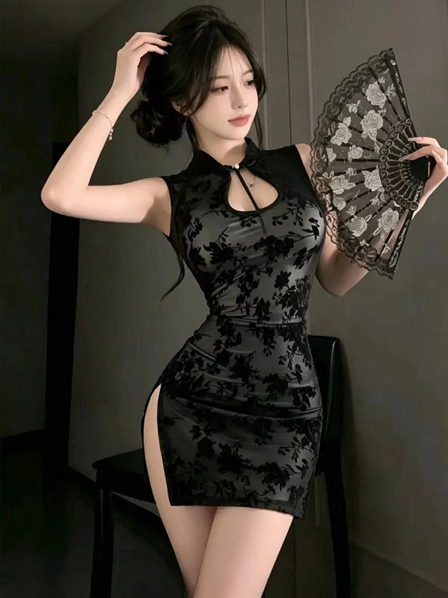 Women's Black High-Slit Mini Cheongsam Dress with Lace Fan - Costume Inspire