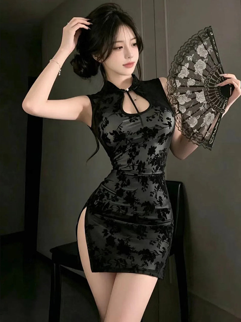 Women's Black High-Slit Mini Cheongsam Dress with Lace Fan - Costume Inspire