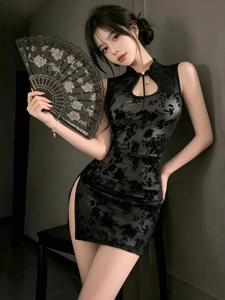Women's Black High-Slit Mini Cheongsam Dress with Lace Fan - Costume Inspire