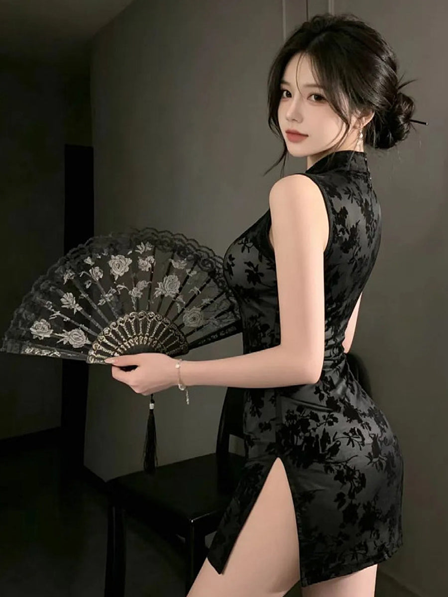 Women's Black High-Slit Mini Cheongsam Dress with Lace Fan - Costume Inspire