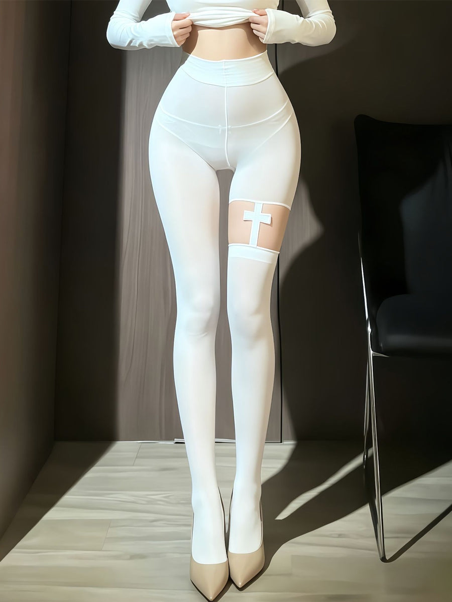 Women's Gothic Cross Strap Cutout Pantyhose - Costume Inspire