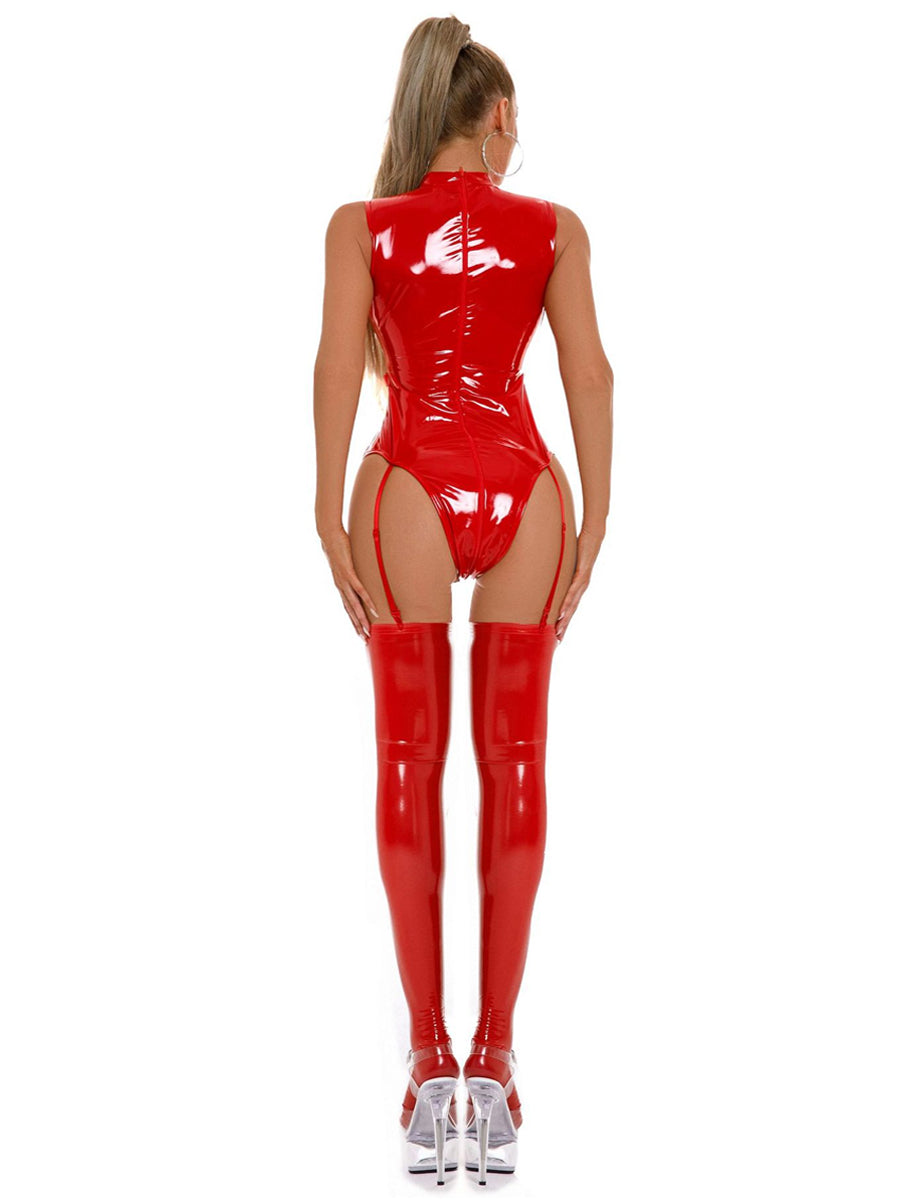 Costume Inspire Women's High-Neck Patent Leather & Mesh Bodysuit Set