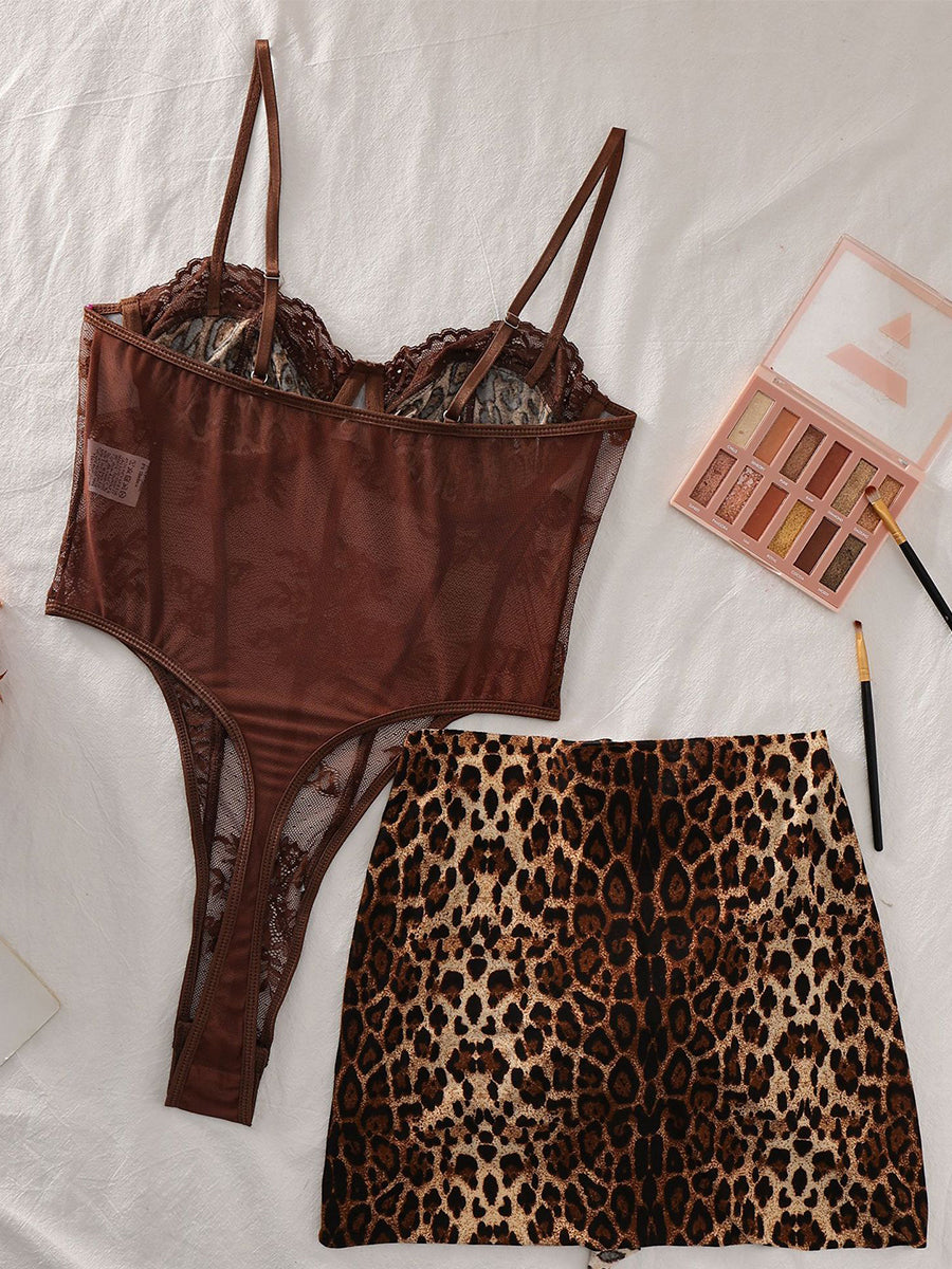 Costume Inspire Women's Leopard Print & Contrast Lace Bodysuit with Tie-side Mini Skirt