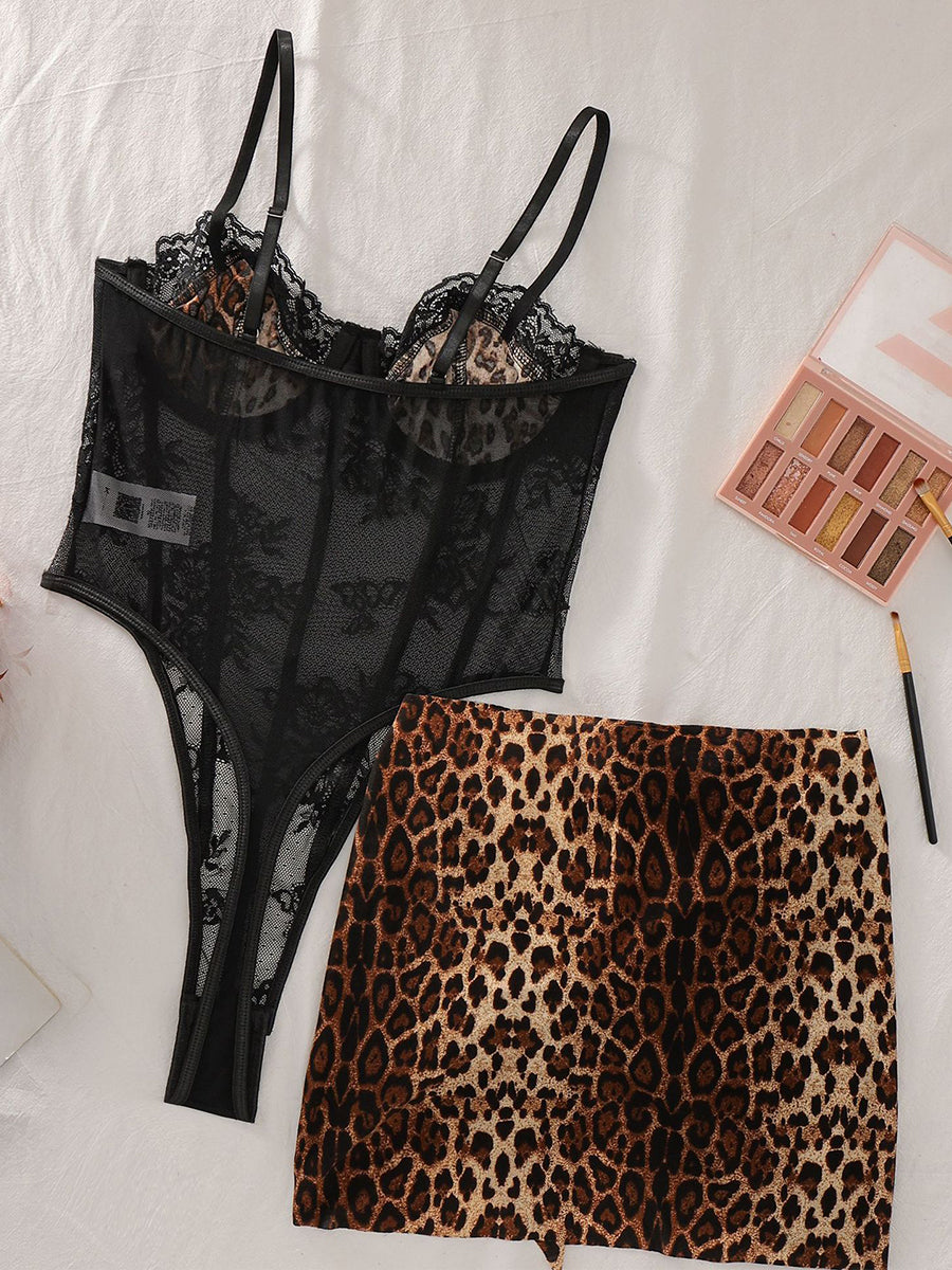Costume Inspire Women's Leopard Print & Contrast Lace Bodysuit with Tie-side Mini Skirt